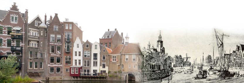 Het Zakkendragershuisje in Delfshaven, Rotterdam: situatie nu en vroeger (Foto en bewerking: Marian Groeneweg)