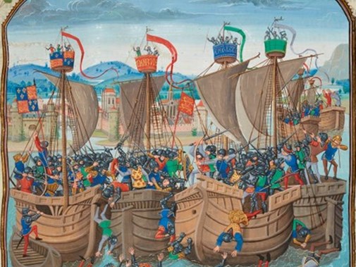 Prent van de slag tussen de Engelsen en de Fransen op de Westerschelde in 1340. Zie bijschrift.