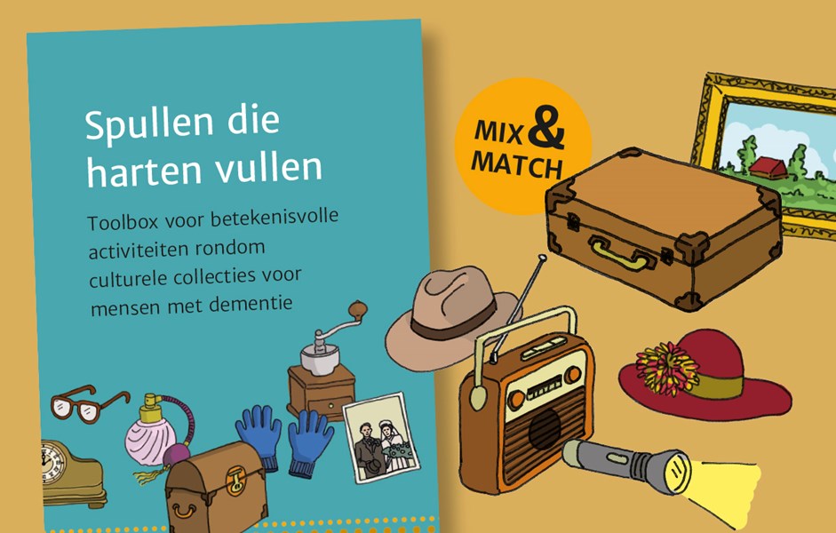 Omslag van de publicatie Spullen die harten vullen: Toolbox voor betekenisvolle activiteiten rondom culturele collecties voor mensen met dementie