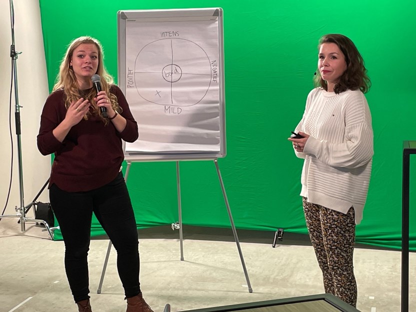 Twee vrouwen voor green screen houden een presentatie