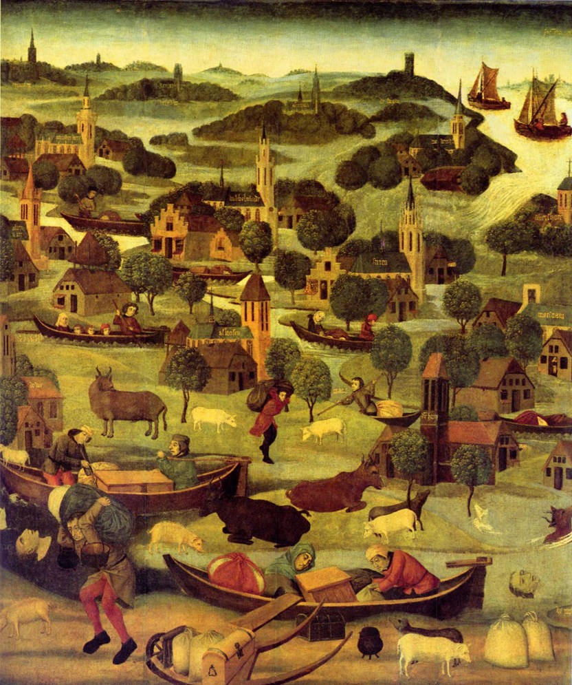 De verbeelding van Dordrecht, de Grote Waard en de Elisabethsvloed door de Meester van de Dordrechtse altaarpanelen, ca. 1490 (Rijksmuseum, Amsterdam).
