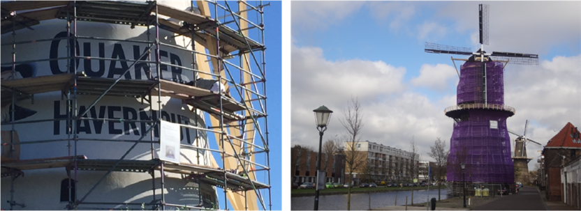  Links: Babbersmolen, restauratie aan de oorspronkelijke reclamemuurschildering. Rechts: Molen de Vrijheid in de steigers.